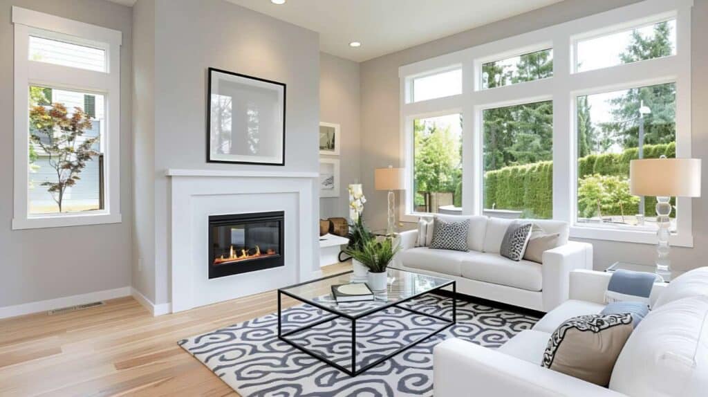 a living room with a fireplace and white couches