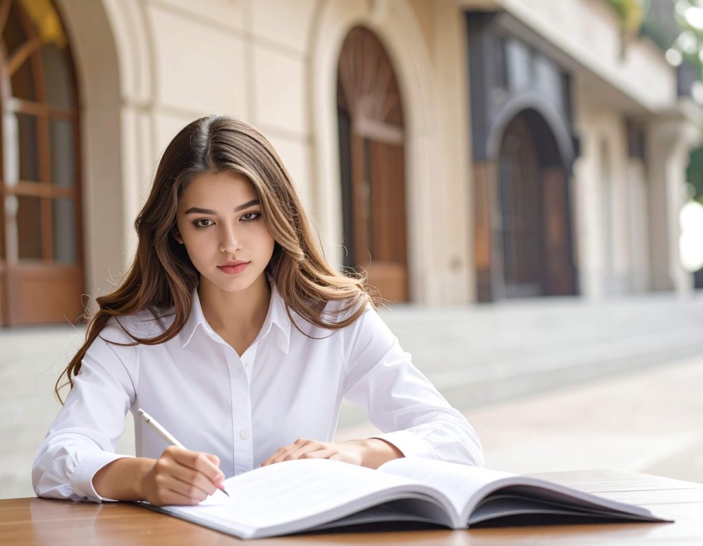 Student studying outdoors for exam.