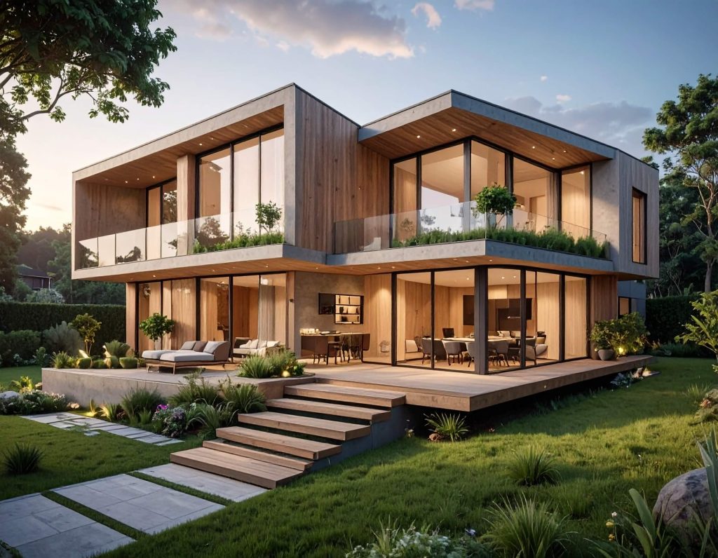 Sustainable modern home with large glass windows.