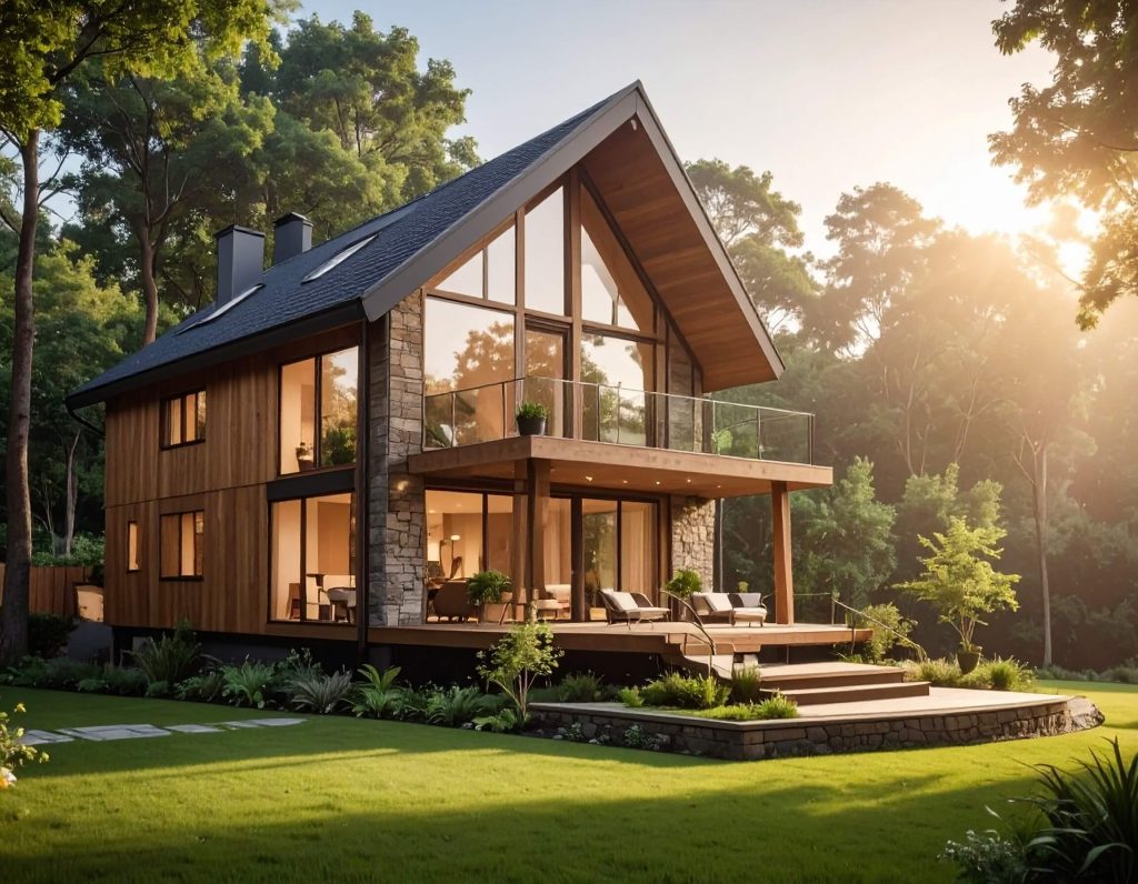 Sustainable modern home with large glass windows.