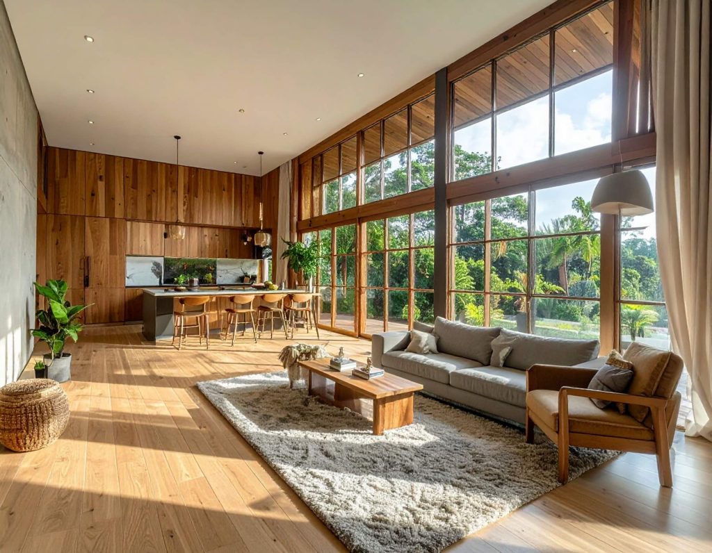 Spacious, wooden interior with large windows - a