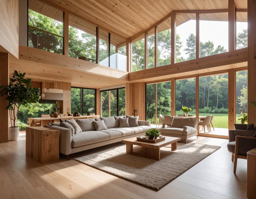 Spacious, wooden interior with large windows - a sustainable home.