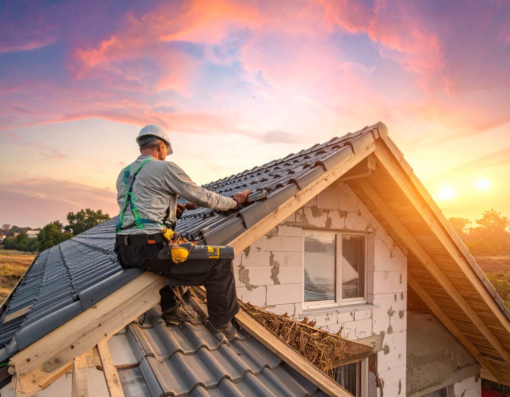 Worker repairing roof at sunset