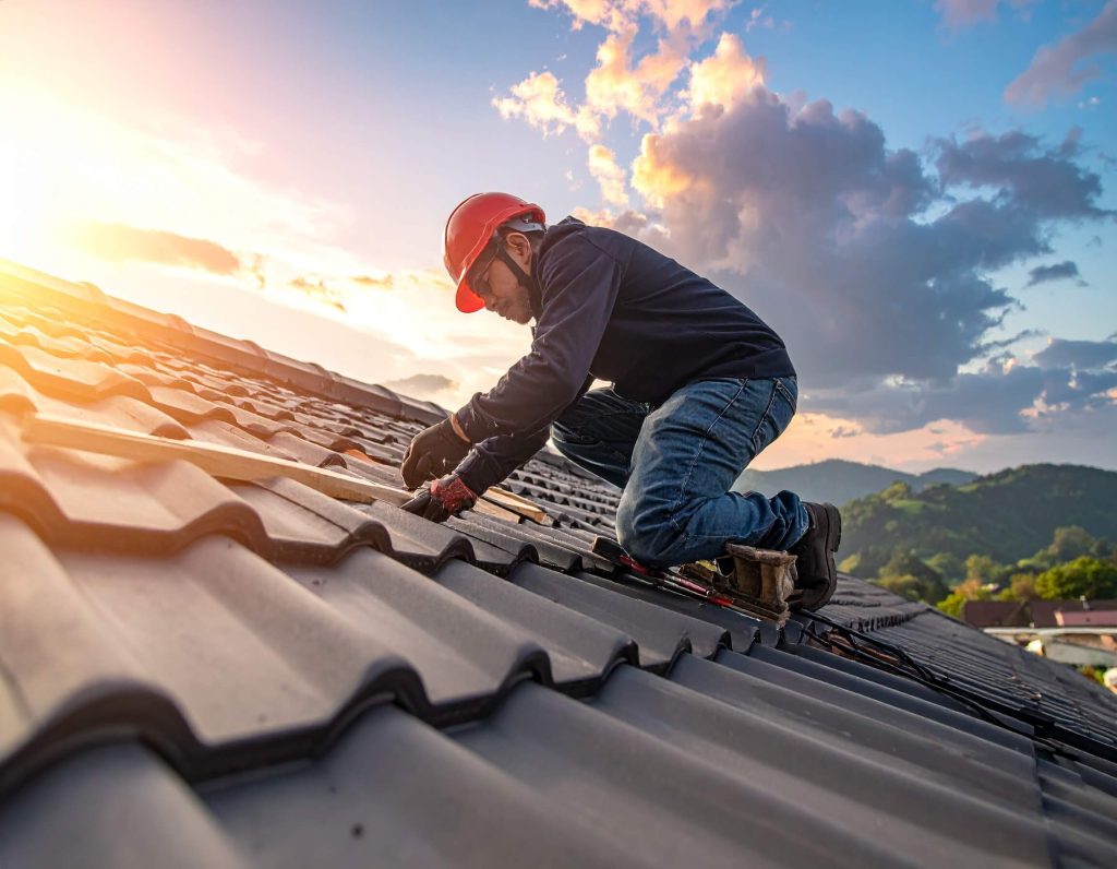 Worker repairing roof at sunset.