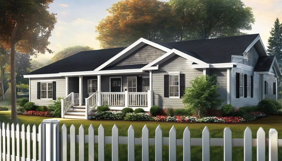 Illustration of a manufactured home with a yard and a white picket fence.